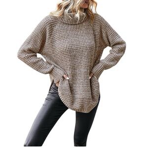 Free People Chunky Cowl-Neck Sweater – Marled Taupe, High-Low Hem, Size XS